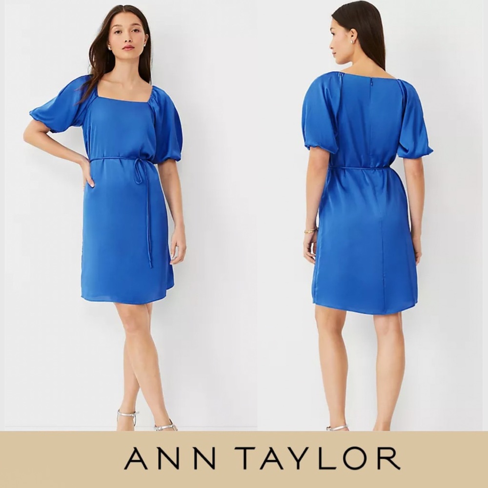 Ann Taylor Vibrant Blue Puff Sleeve Square Neck Dress NEW with Tags Size 14